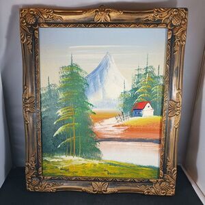 Vintage Mountain Landscape Oil Painting Framed 13in x 11in